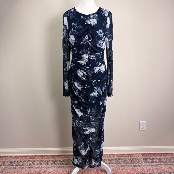Abercrombie & Fitch Dresses & Skirts - Abercrombie & Fitch Navy Blue Floral Ruched Mesh Maxi Dress Large Stretch NWT